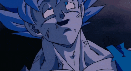 a close up of a cartoon character 's face with blue hair and a purple background .