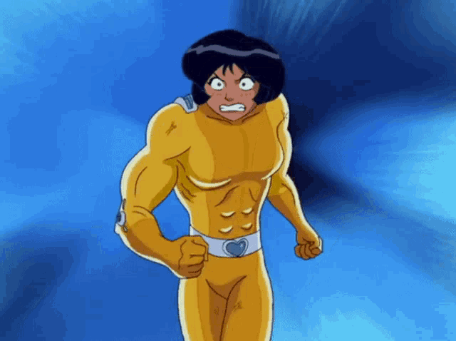a cartoon character in a yellow suit with a heart shaped belt