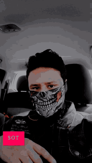 a man wearing a skull mask in a car