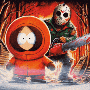 a cartoon of kenny south park and jason voorhees holding chainsaws