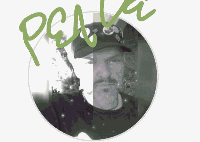 a picture of a man in a hat with the word penta in green