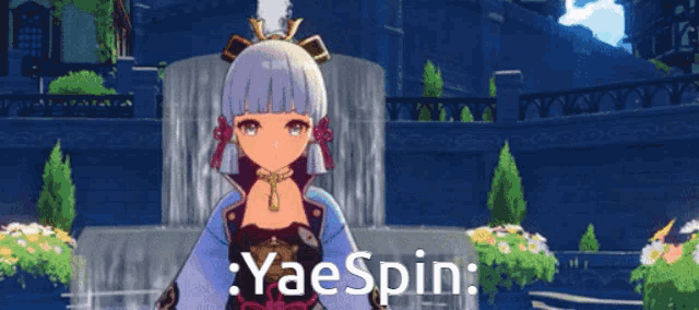 a girl in a kimono is standing in front of a waterfall in a video game and says yae spin .