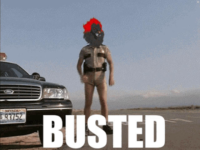 a cartoon of a police officer standing next to a ford car with the word busted written on it