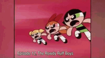 three cartoon characters are flying in a row on a pink background with the words episode 12 the rowdy ruff boys below them .