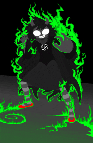 a cartoon drawing of a monster with green flames around her