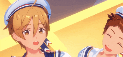 a couple of anime characters are standing next to each other and smiling .