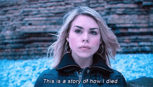 a woman is standing in front of a wall with the words `` this is a story of how i died '' written below her .