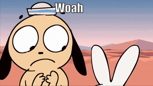a cartoon dog wearing a hat with the word woah above it
