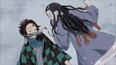 a drawing of a boy and a girl with a sword in their mouths