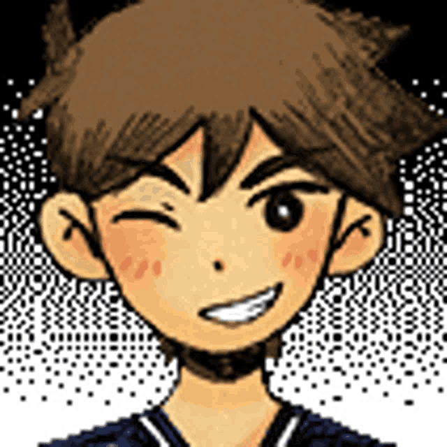 a pixel art drawing of a boy with brown hair smiling and winking at the camera .