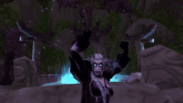 a video game character is standing in front of a waterfall with her arms outstretched