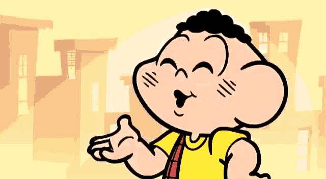 a cartoon character with a yellow shirt and a red tie is smiling