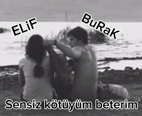 a black and white photo of a man and a woman with elif and burak written on the bottom