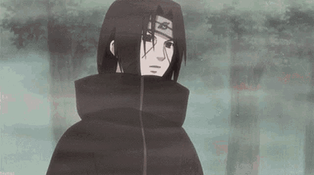 itachi uchiha from naruto is standing in a forest wearing a black jacket and a headband .
