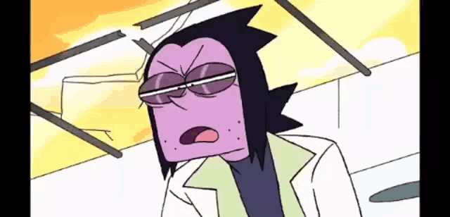 a cartoon character with a purple face and glasses is making a funny face .