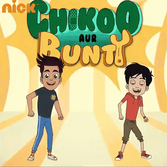 two cartoon boys are dancing in front of a sign that says nick on it