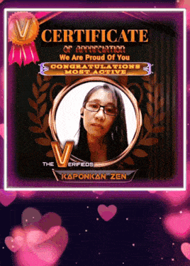 a certificate of appreciation with a picture of a woman and the words " we are proud of you "