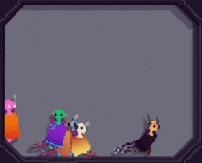 a pixel art of a group of colorful monsters in a dark room