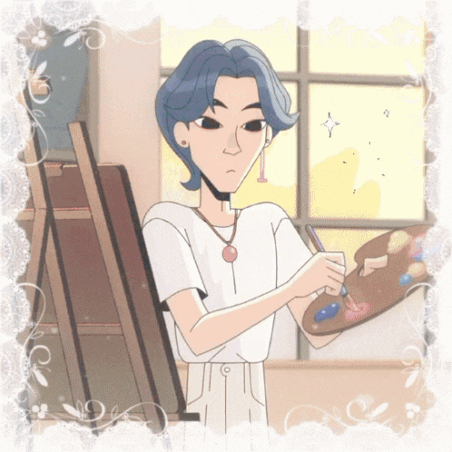a man with blue hair is holding a palette and a brush