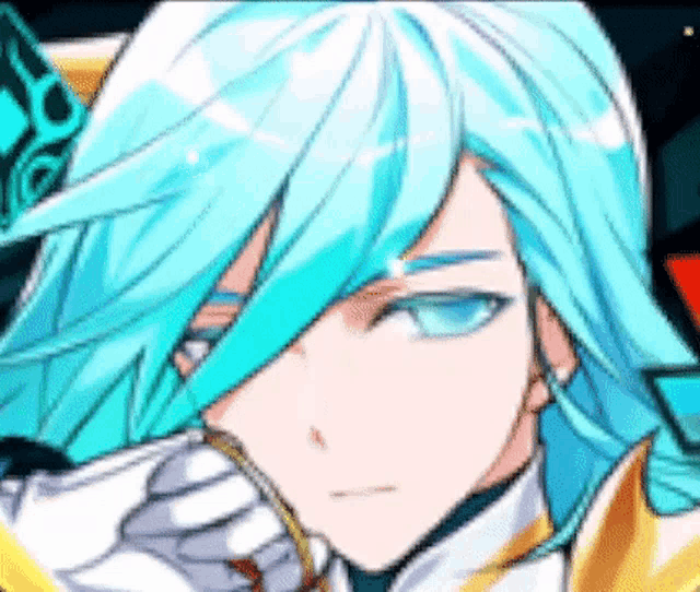 a close up of a person 's face with long blue hair .