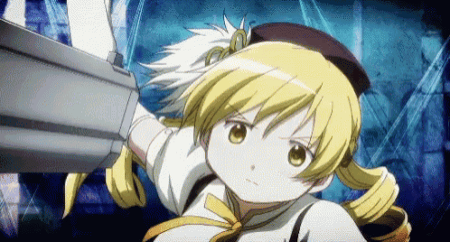 a yellow haired anime girl is holding a gun in her hand .