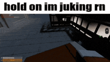 a screenshot of a video game with the words hold on im juking rn