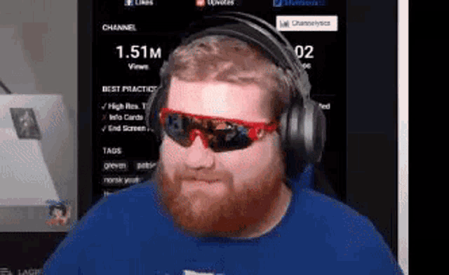 a man with a beard wearing headphones and sunglasses is looking at the camera .