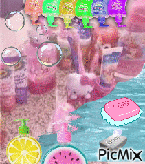 a pink soap bar is in the middle of a collage of soaps