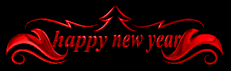 a red sign that says happy new year with a christmas tree in the background