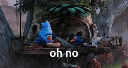 two blue birds are sitting on a wooden platform with the words oh no written on the bottom
