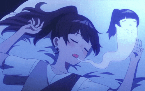 a girl is sleeping with a ghost in her hand