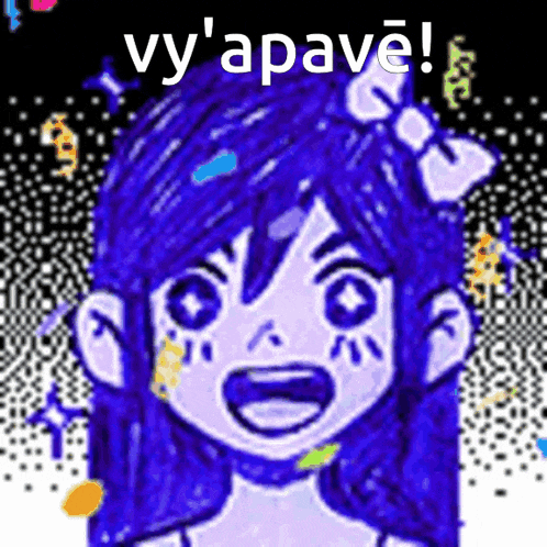 a drawing of a girl with blue hair and the words vy apave on the bottom