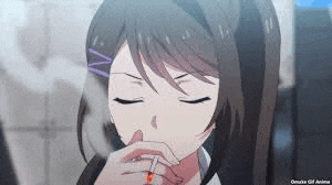 a girl in an anime is smoking a cigarette .