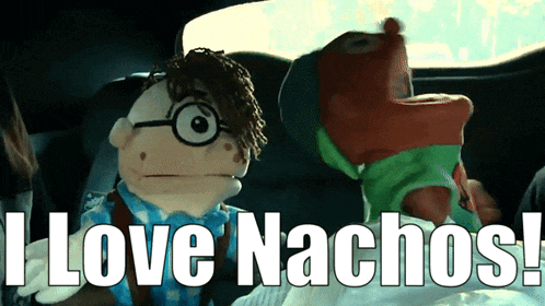 two puppet characters are sitting in the back seat of a car with the words " i love nachos " written above them