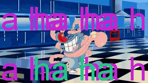 a cartoon character in a kitchen says a ha ha ha ha