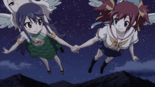 a couple of anime girls holding hands while flying in the sky
