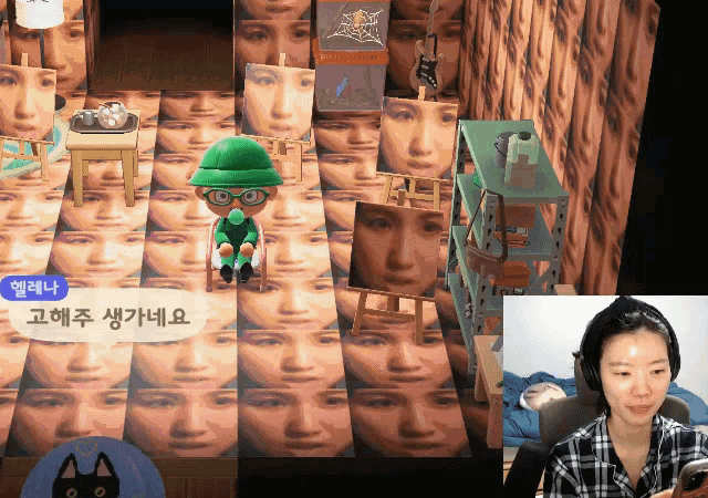 a cartoon character with glasses and a green hat sits on a chair in front of a wall of faces