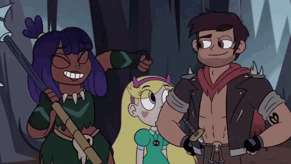 a group of cartoon characters are standing next to each other and one of them has a tattoo on his arm that says m