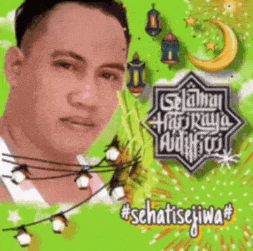 a man 's face is on a green background with a crescent moon