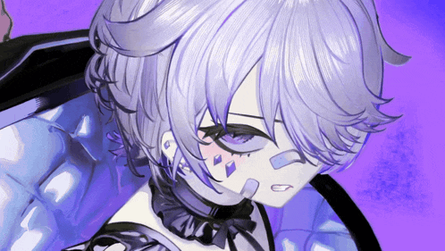 a close up of a person 's face with purple eyes
