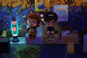 two cartoon characters are sitting on cardboard boxes in front of graffiti
