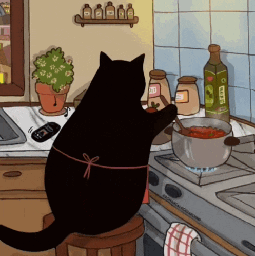 a black cat is cooking in a kitchen with a bottle of olive oil