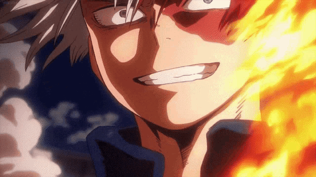 a close up of a anime character with fire coming out of his mouth