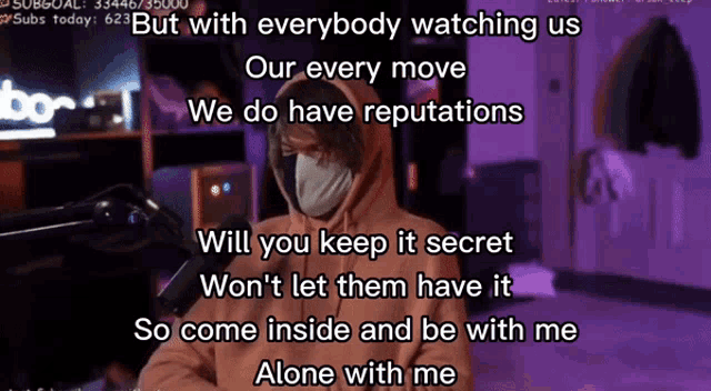 a man wearing a mask and a hoodie says " but with everybody watching us our every move we do have reputations "