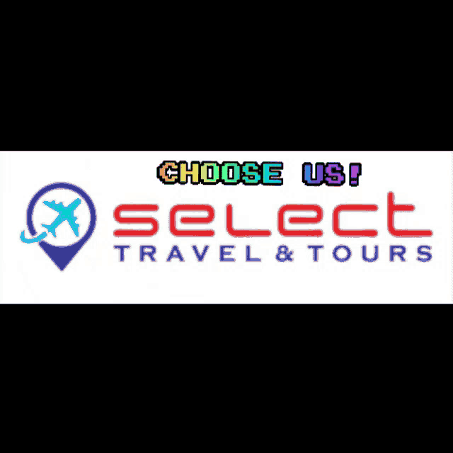 choose us select travel & tours logo with an airplane pin