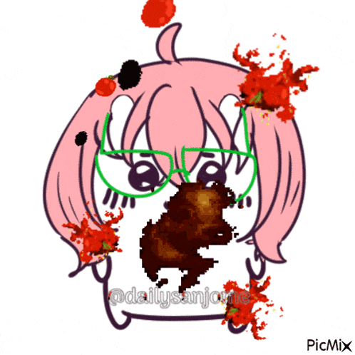a drawing of a girl with pink hair and green glasses eating a fried chicken