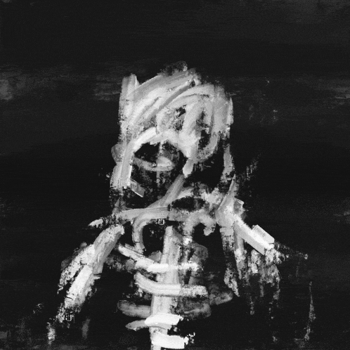 a black and white painting of a skeleton with a cross