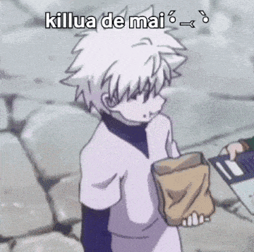 a cartoon character with white hair is holding a bag of food and a book .