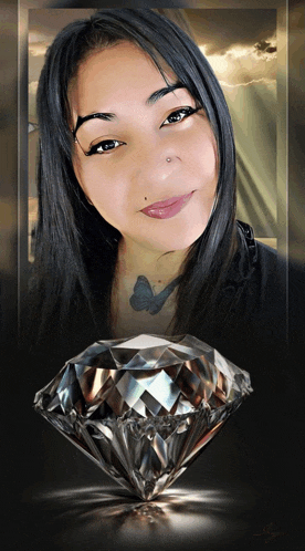 a woman with a butterfly tattoo on her neck and a diamond in the background