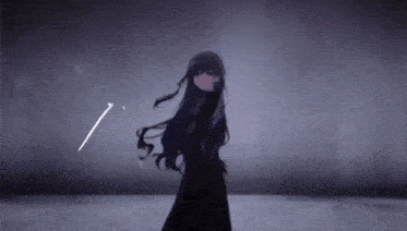 a girl in a black dress is standing in a dark room holding a sword .